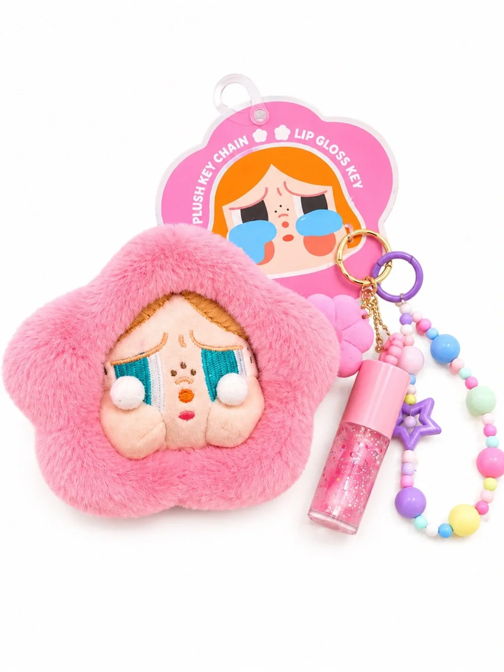 Pink Plush Flower Keychain with Lip Gloss - Cry Baby Style Accessory